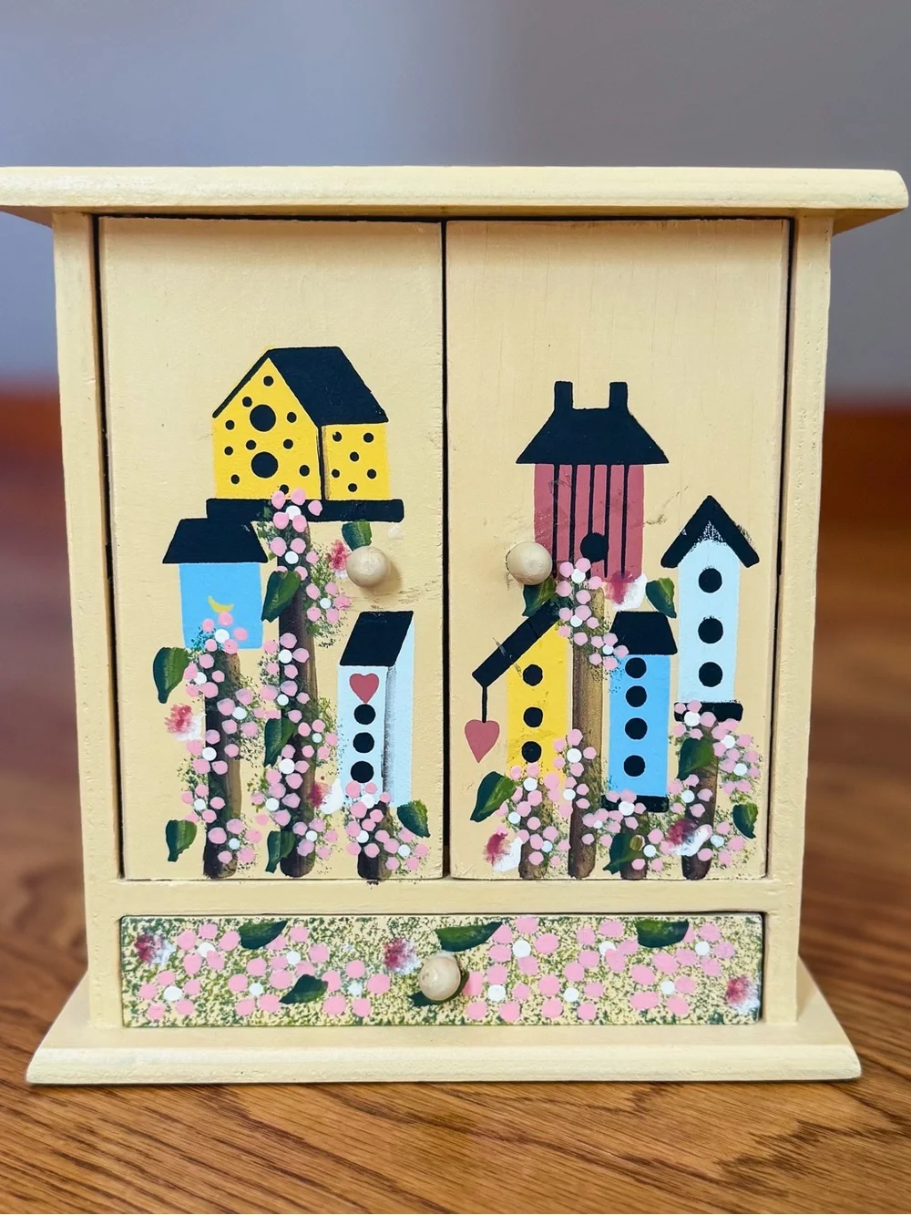 Hand-Painted Birdhouse Jewelry Box in Pale Yellow with Pastel Accents